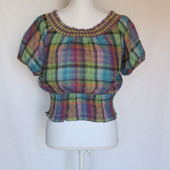 New Voice Woman’s Girl’s Fashion Multicolored Plaid Print Short Sleeves Top L - Picture 3 of 11